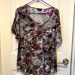 Dress blouse in rich black, grey and maroon